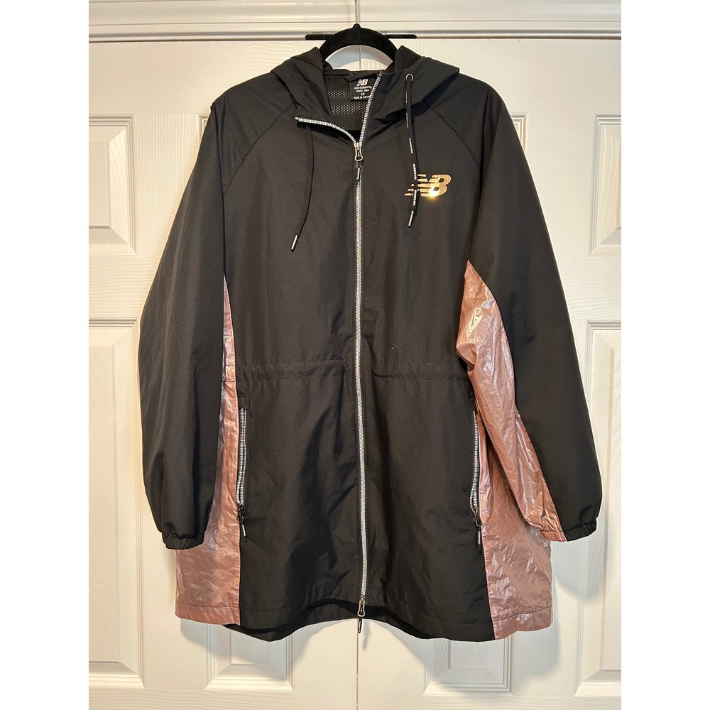 New Balance Women 1X Black Rose Gold Trim Hooded Windbreaker Jacket